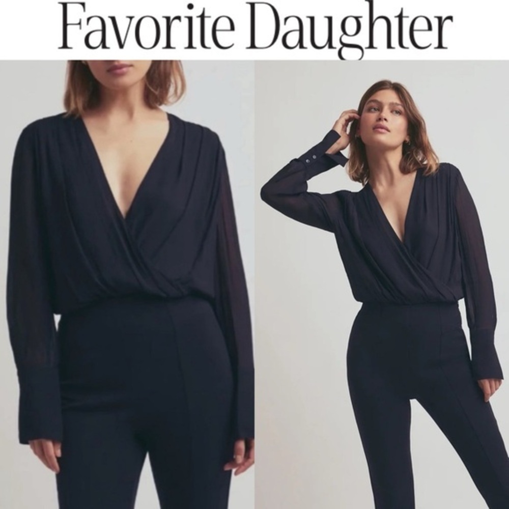 Favorite Daughter THE CHIFFON DATE BLOUSE Night Sky Sheer Black Blouse Sz M NWT
